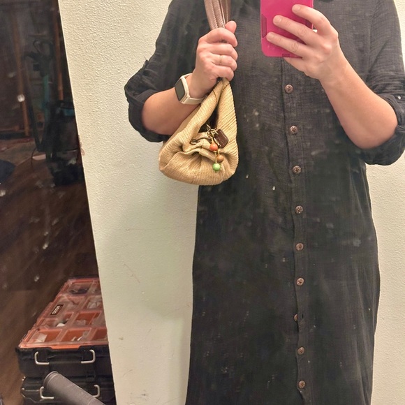 Fossil Beige Canvas Shoulder Bag with Brown Leather Handles - Picture 13 of 15